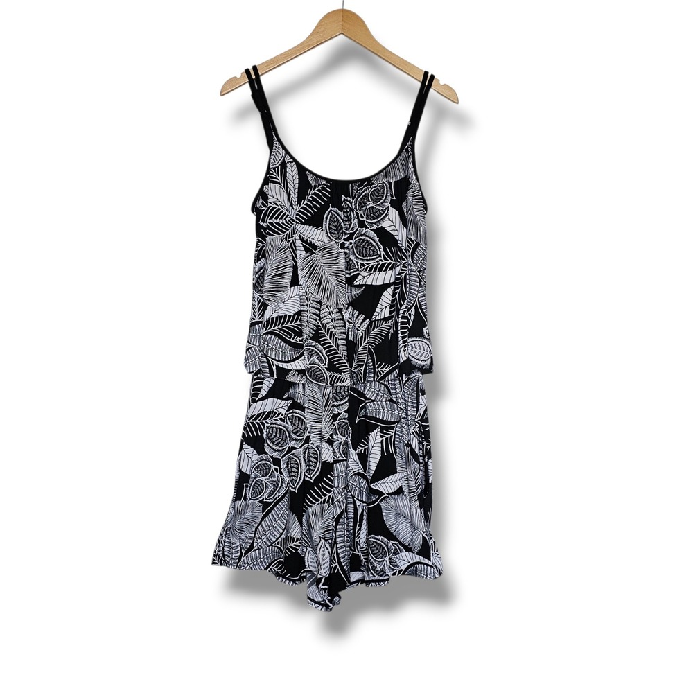 Maxine of Hollywood Swim Romper 14 Black White Tropical Pockets‎ Resort Cruise
